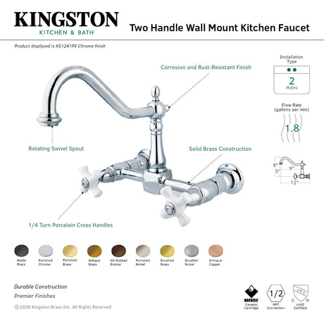 Heritage KS1242PX Two-Handle 2-Hole Wall Mount Bridge Kitchen Faucet, Polished Brass