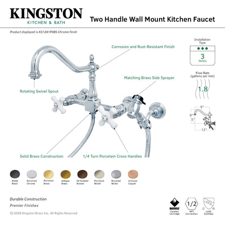 Heritage KS1242PXBS Two-Handle 2-Hole Wall Mount Bridge Kitchen Faucet with Brass Sprayer, Polished Brass