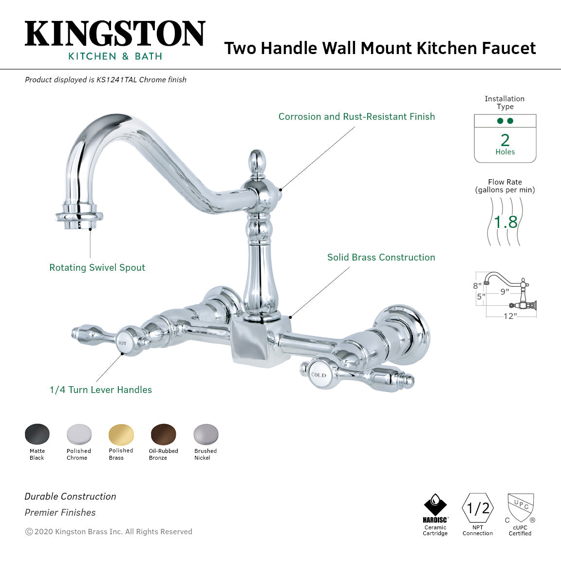 Tudor KS1242TAL Two-Handle 2-Hole Wall Mount Bridge Kitchen Faucet, Polished Brass