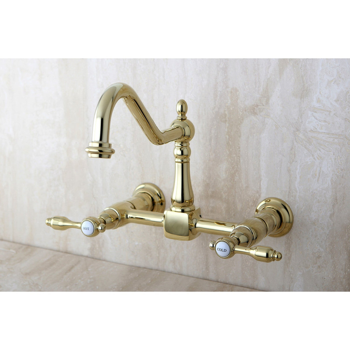 Tudor KS1242TAL Two-Handle 2-Hole Wall Mount Bridge Kitchen Faucet, Polished Brass