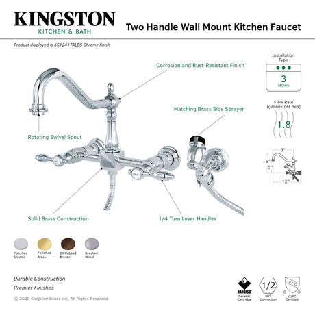 Tudor KS1242TALBS Two-Handle 2-Hole Wall Mount Bridge Kitchen Faucet with Brass Sprayer, Polished Brass