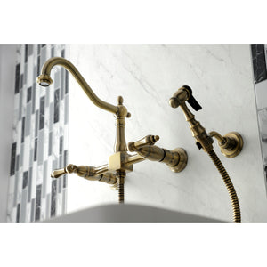 Heritage KS1243ALBS Two-Handle 2-Hole Wall Mount Bridge Kitchen Faucet with Brass Sprayer, Antique Brass