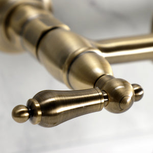 Heritage KS1243ALBS Two-Handle 2-Hole Wall Mount Bridge Kitchen Faucet with Brass Sprayer, Antique Brass