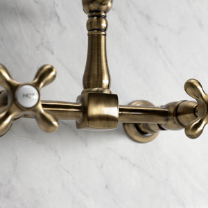 Heritage KS1243AX Two-Handle 2-Hole Wall Mount Bridge Kitchen Faucet, Antique Brass