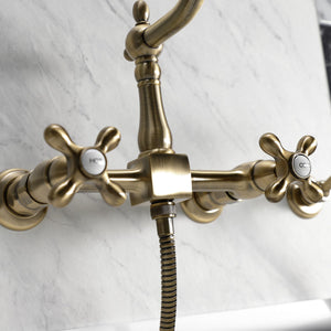 Heritage KS1243AXBS Two-Handle 2-Hole Wall Mount Bridge Kitchen Faucet with Brass Sprayer, Antique Brass