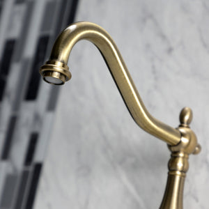 Heritage KS1243AXBS Two-Handle 2-Hole Wall Mount Bridge Kitchen Faucet with Brass Sprayer, Antique Brass
