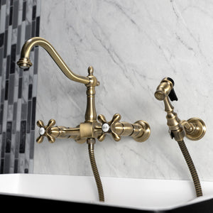 Heritage KS1243AXBS Two-Handle 2-Hole Wall Mount Bridge Kitchen Faucet with Brass Sprayer, Antique Brass