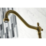 Heritage KS1243AXBS Two-Handle 2-Hole Wall Mount Bridge Kitchen Faucet with Brass Sprayer, Antique Brass