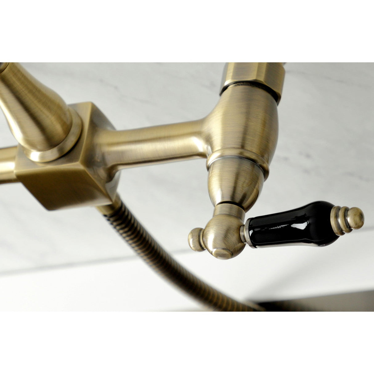 Duchess KS1243PKLBS Two-Handle 2-Hole Wall Mount Bridge Kitchen Faucet with Brass Sprayer, Antique Brass