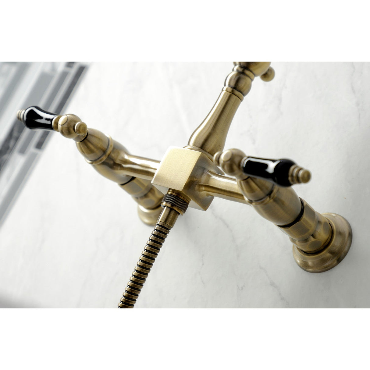 Duchess KS1243PKLBS Two-Handle 2-Hole Wall Mount Bridge Kitchen Faucet with Brass Sprayer, Antique Brass