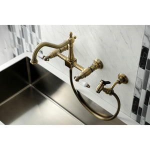 Heritage KS1243PLBS Two-Handle 2-Hole Wall Mount Bridge Kitchen Faucet with Brass Sprayer, Antique Brass