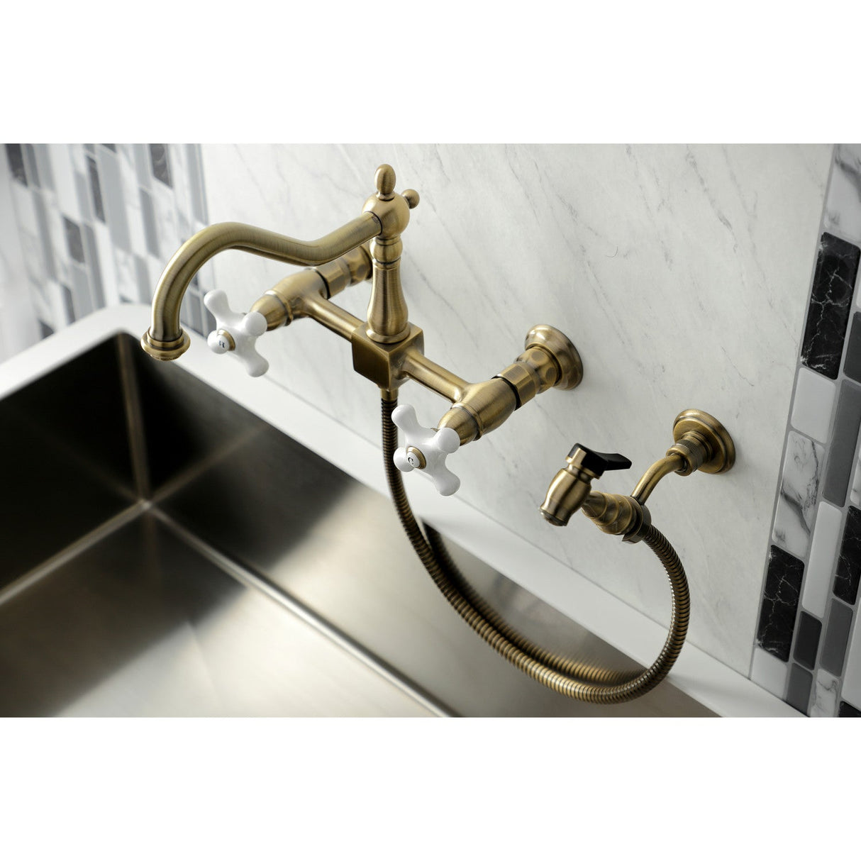 Heritage KS1243PXBS Two-Handle 2-Hole Wall Mount Bridge Kitchen Faucet with Brass Sprayer, Antique Brass