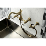 Heritage KS1243PXBS Two-Handle 2-Hole Wall Mount Bridge Kitchen Faucet with Brass Sprayer, Antique Brass