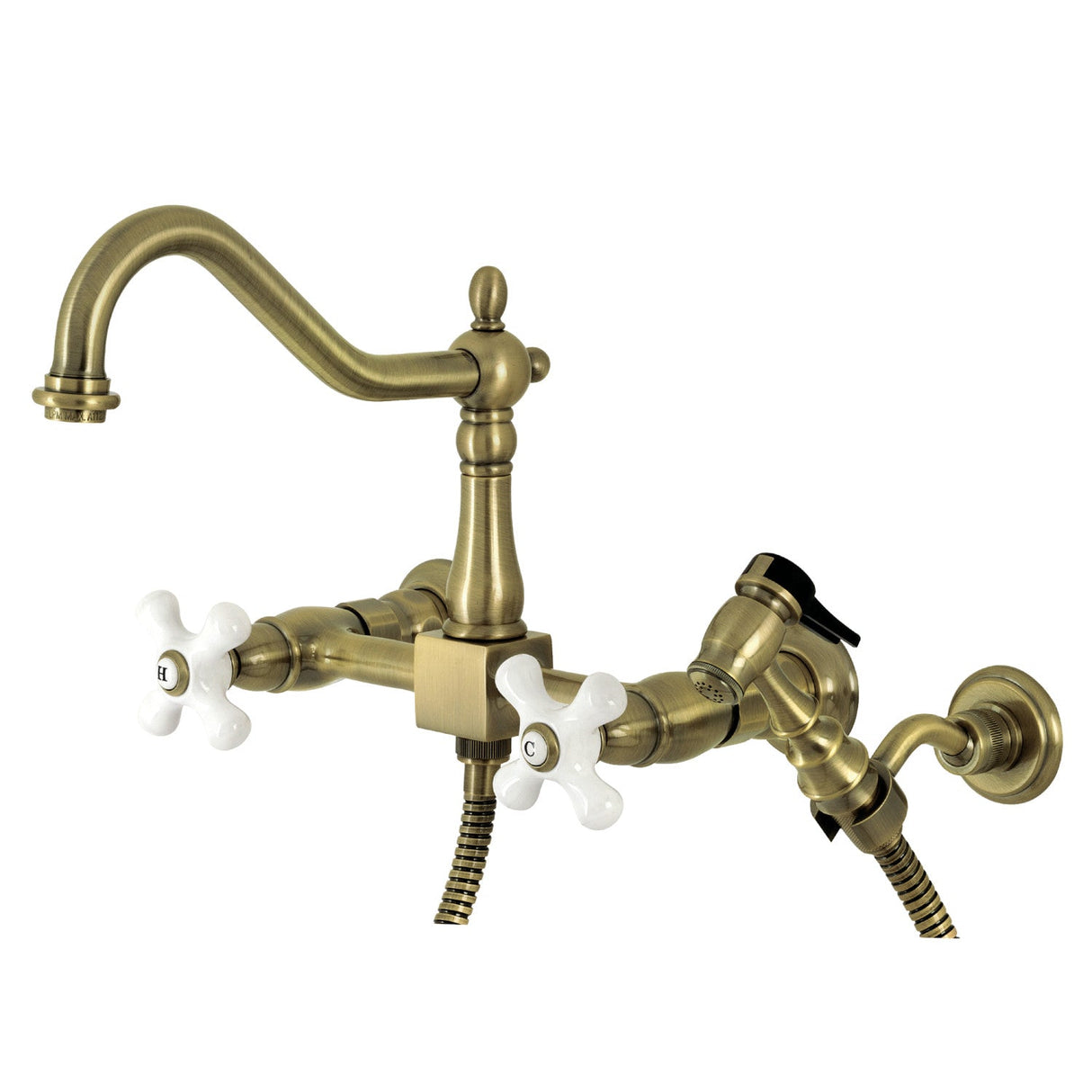 Heritage KS1243PXBS Two-Handle 2-Hole Wall Mount Bridge Kitchen Faucet with Brass Sprayer, Antique Brass