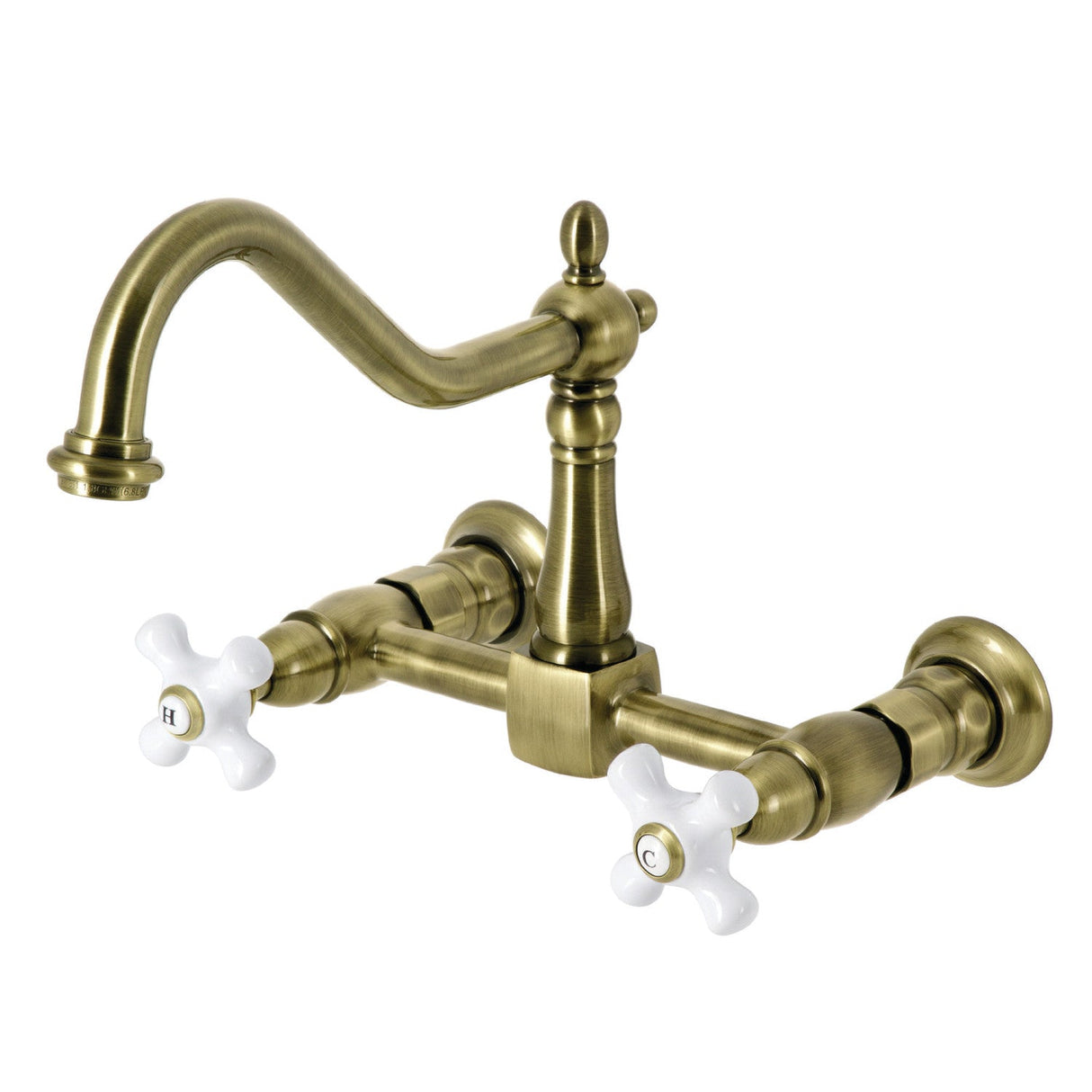 Heritage KS1243PX Two-Handle 2-Hole Wall Mount Bridge Kitchen Faucet, Antique Brass