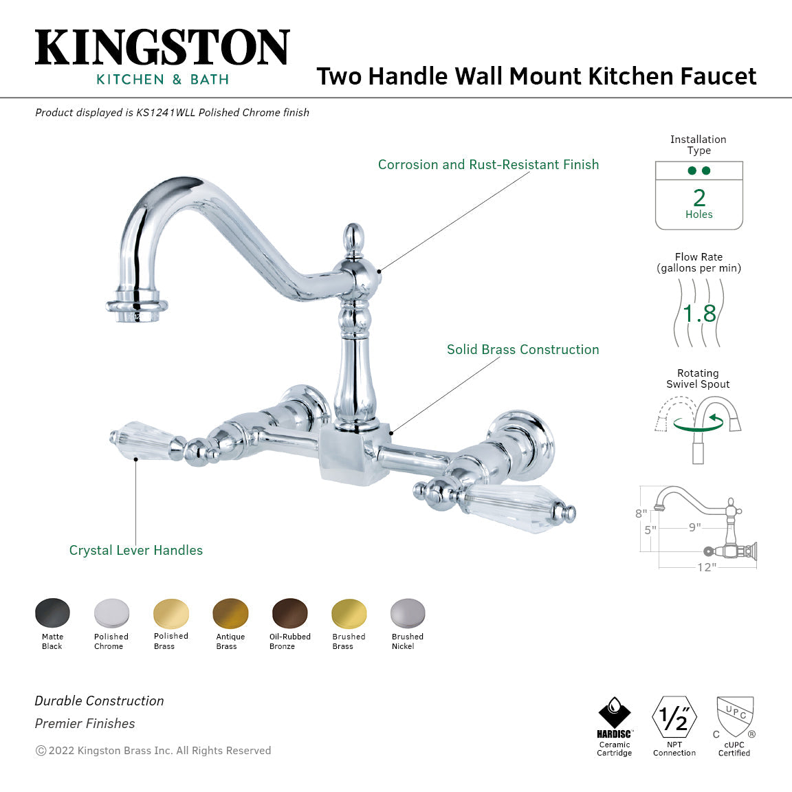 Wilshire KS1243WLL Two-Handle 2-Hole Wall Mount Bridge Kitchen Faucet, Antique Brass