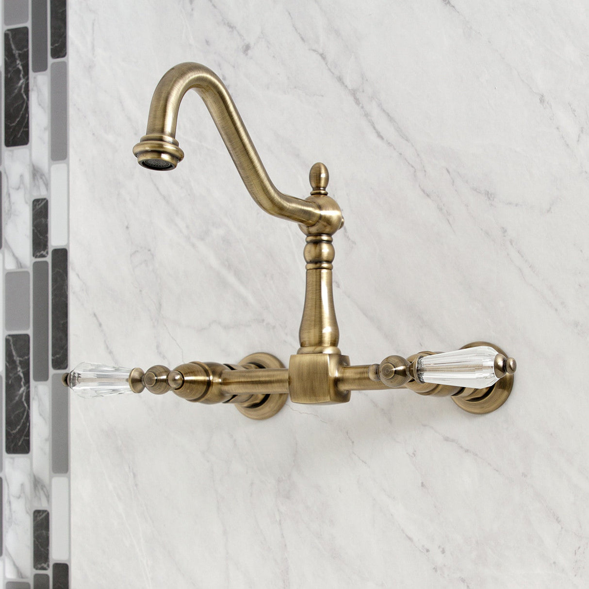 Wilshire KS1243WLL Two-Handle 2-Hole Wall Mount Bridge Kitchen Faucet, Antique Brass