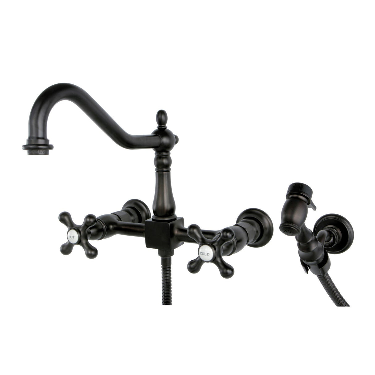 Heritage KS1245AXBS Two-Handle 2-Hole Wall Mount Bridge Kitchen Faucet with Brass Sprayer, Oil Rubbed Bronze