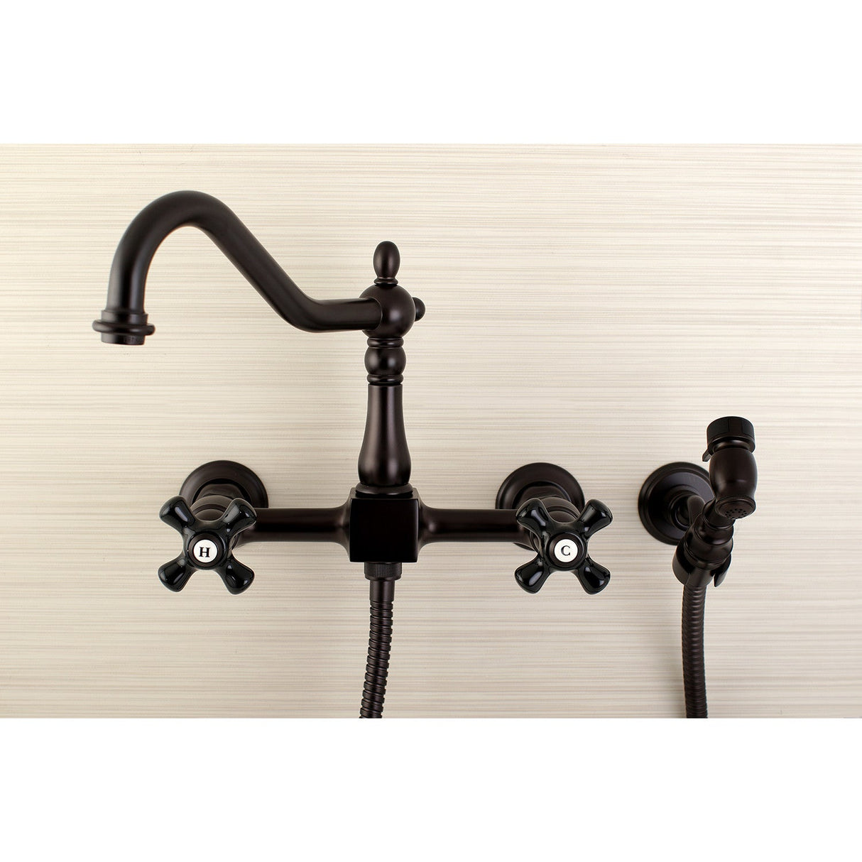 Duchess KS1245PKXBS Two-Handle 2-Hole Wall Mount Bridge Kitchen Faucet with Brass Sprayer, Oil Rubbed Bronze