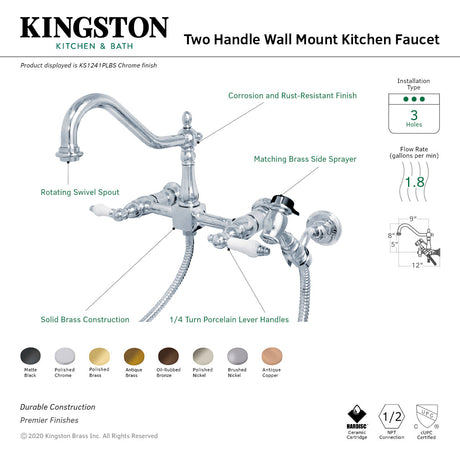 Heritage KS1245PLBS Two-Handle 2-Hole Wall Mount Bridge Kitchen Faucet with Brass Sprayer, Oil Rubbed Bronze