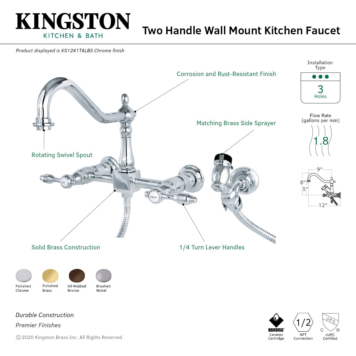 Tudor KS1245TALBS Two-Handle 2-Hole Wall Mount Bridge Kitchen Faucet with Brass Sprayer, Oil Rubbed Bronze