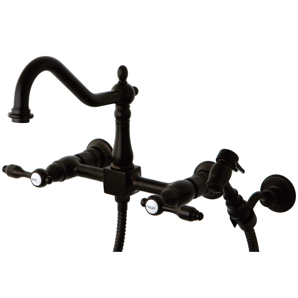 Tudor KS1245TALBS Two-Handle 2-Hole Wall Mount Bridge Kitchen Faucet with Brass Sprayer, Oil Rubbed Bronze