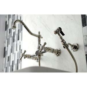 Heritage KS1246AXBS Two-Handle 2-Hole Wall Mount Bridge Kitchen Faucet with Brass Sprayer, Polished Nickel