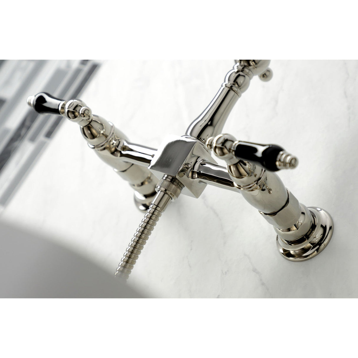 Duchess KS1246PKLBS Two-Handle 2-Hole Wall Mount Bridge Kitchen Faucet with Brass Sprayer, Polished Nickel