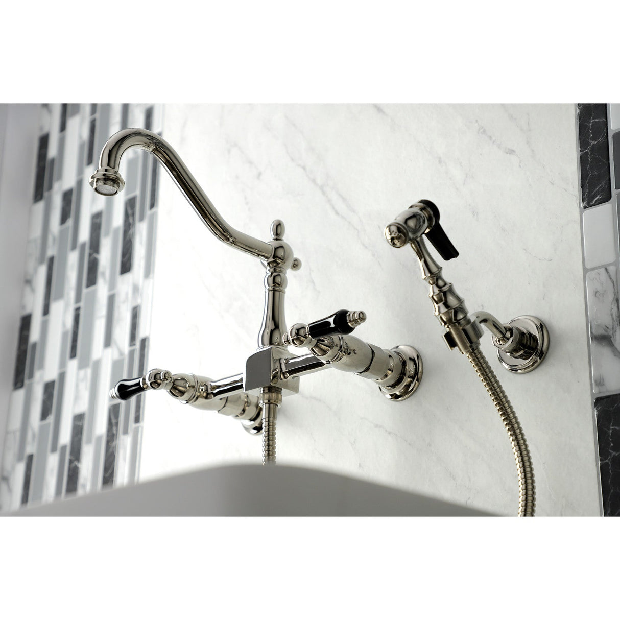 Duchess KS1246PKLBS Two-Handle 2-Hole Wall Mount Bridge Kitchen Faucet with Brass Sprayer, Polished Nickel