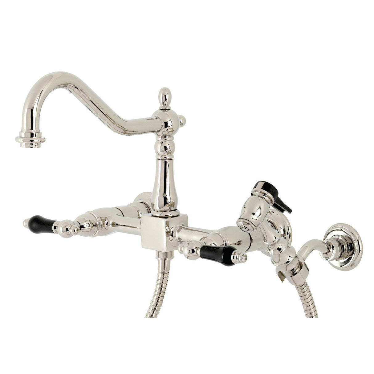 Duchess KS1246PKLBS Two-Handle 2-Hole Wall Mount Bridge Kitchen Faucet with Brass Sprayer, Polished Nickel