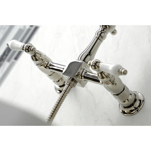 Heritage KS1246PLBS Two-Handle 2-Hole Wall Mount Bridge Kitchen Faucet with Brass Sprayer, Polished Nickel