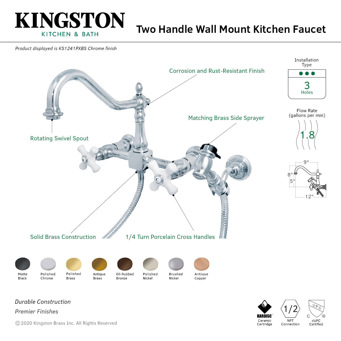 Heritage KS1246PXBS Two-Handle 2-Hole Wall Mount Bridge Kitchen Faucet with Brass Sprayer, Polished Nickel