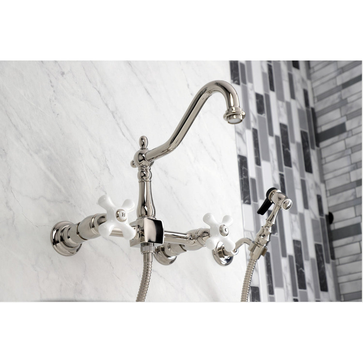 Heritage KS1246PXBS Two-Handle 2-Hole Wall Mount Bridge Kitchen Faucet with Brass Sprayer, Polished Nickel