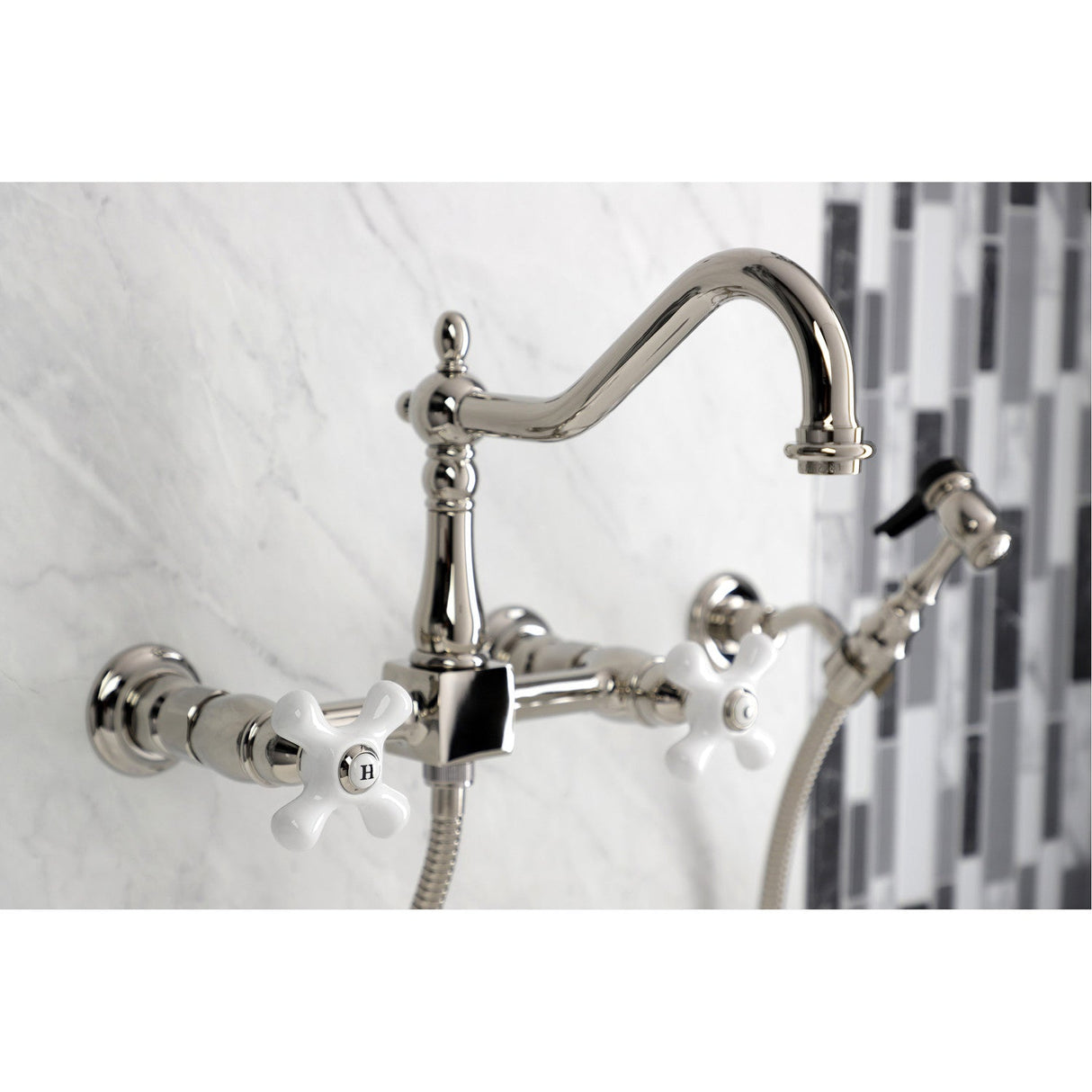 Heritage KS1246PXBS Two-Handle 2-Hole Wall Mount Bridge Kitchen Faucet with Brass Sprayer, Polished Nickel