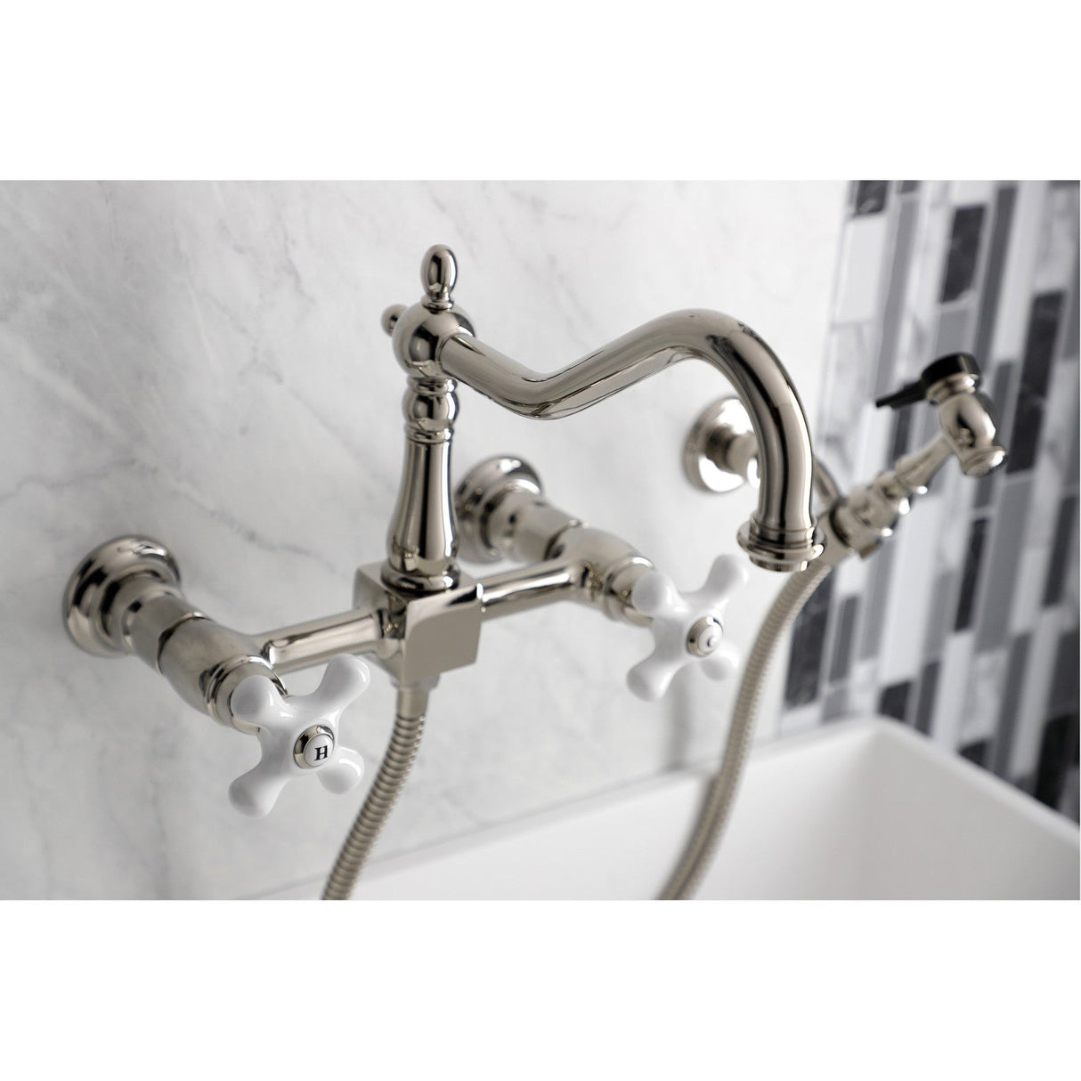 Heritage KS1246PXBS Two-Handle 2-Hole Wall Mount Bridge Kitchen Faucet with Brass Sprayer, Polished Nickel