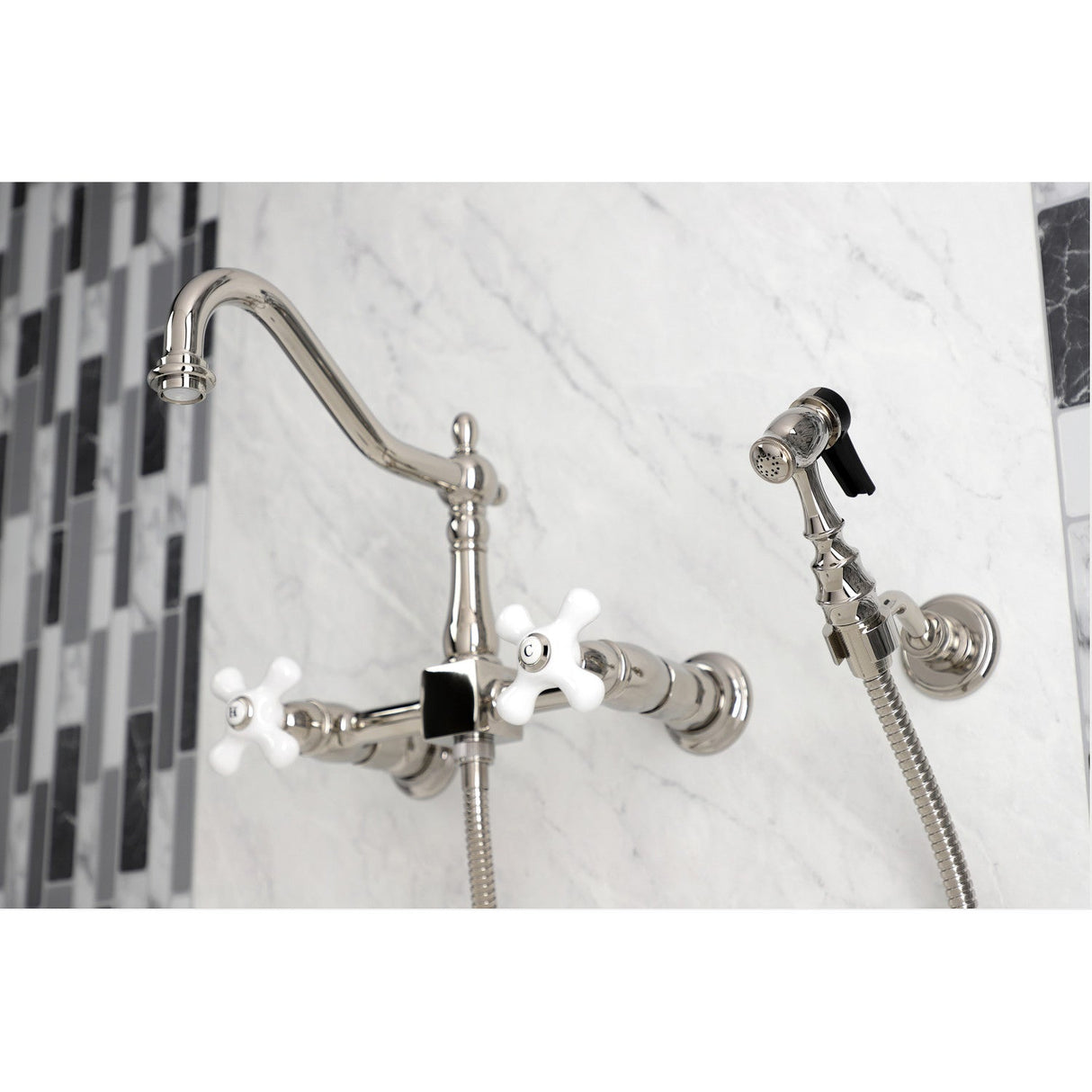 Heritage KS1246PXBS Two-Handle 2-Hole Wall Mount Bridge Kitchen Faucet with Brass Sprayer, Polished Nickel