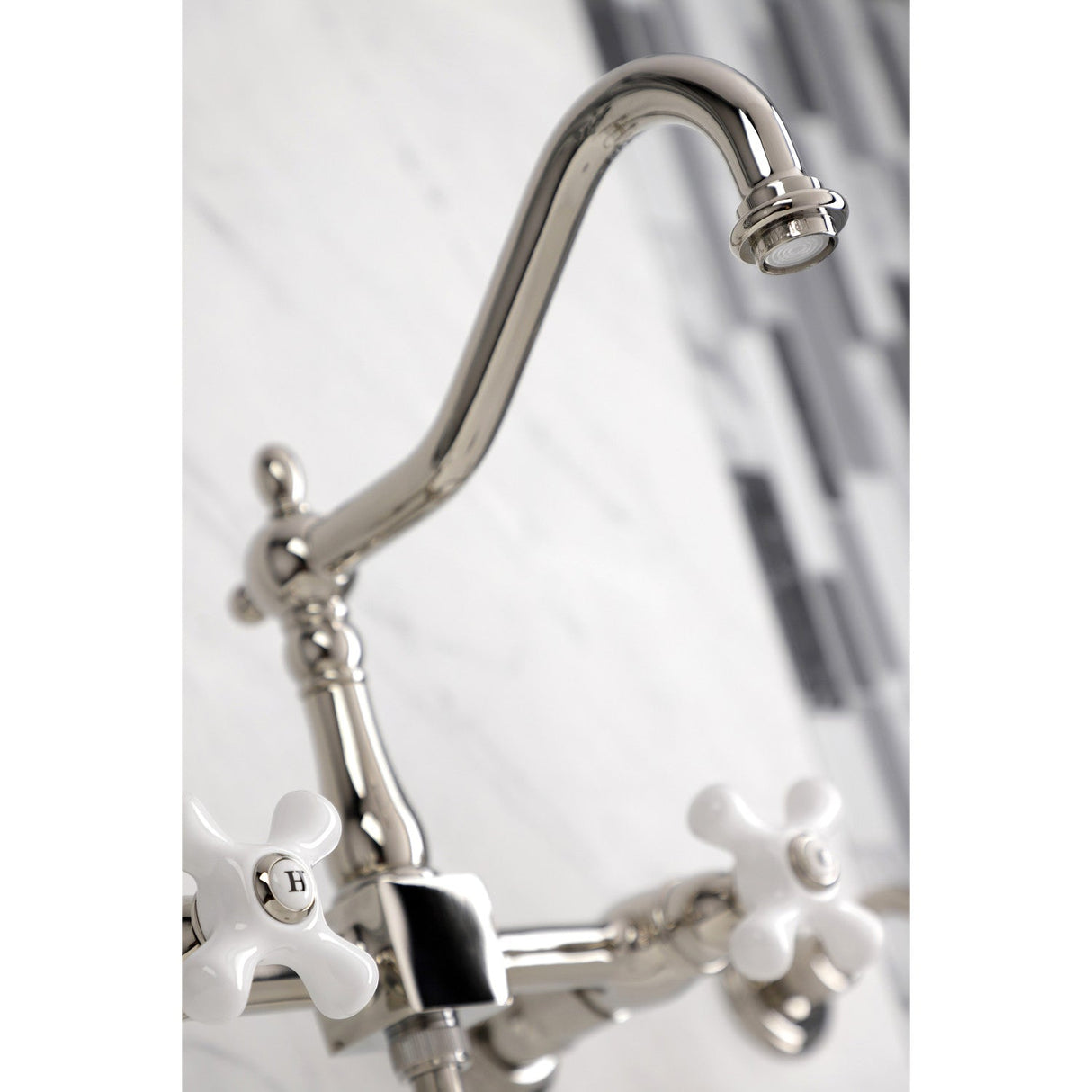 Heritage KS1246PXBS Two-Handle 2-Hole Wall Mount Bridge Kitchen Faucet with Brass Sprayer, Polished Nickel