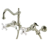 Heritage KS1246PXBS Two-Handle 2-Hole Wall Mount Bridge Kitchen Faucet with Brass Sprayer, Polished Nickel