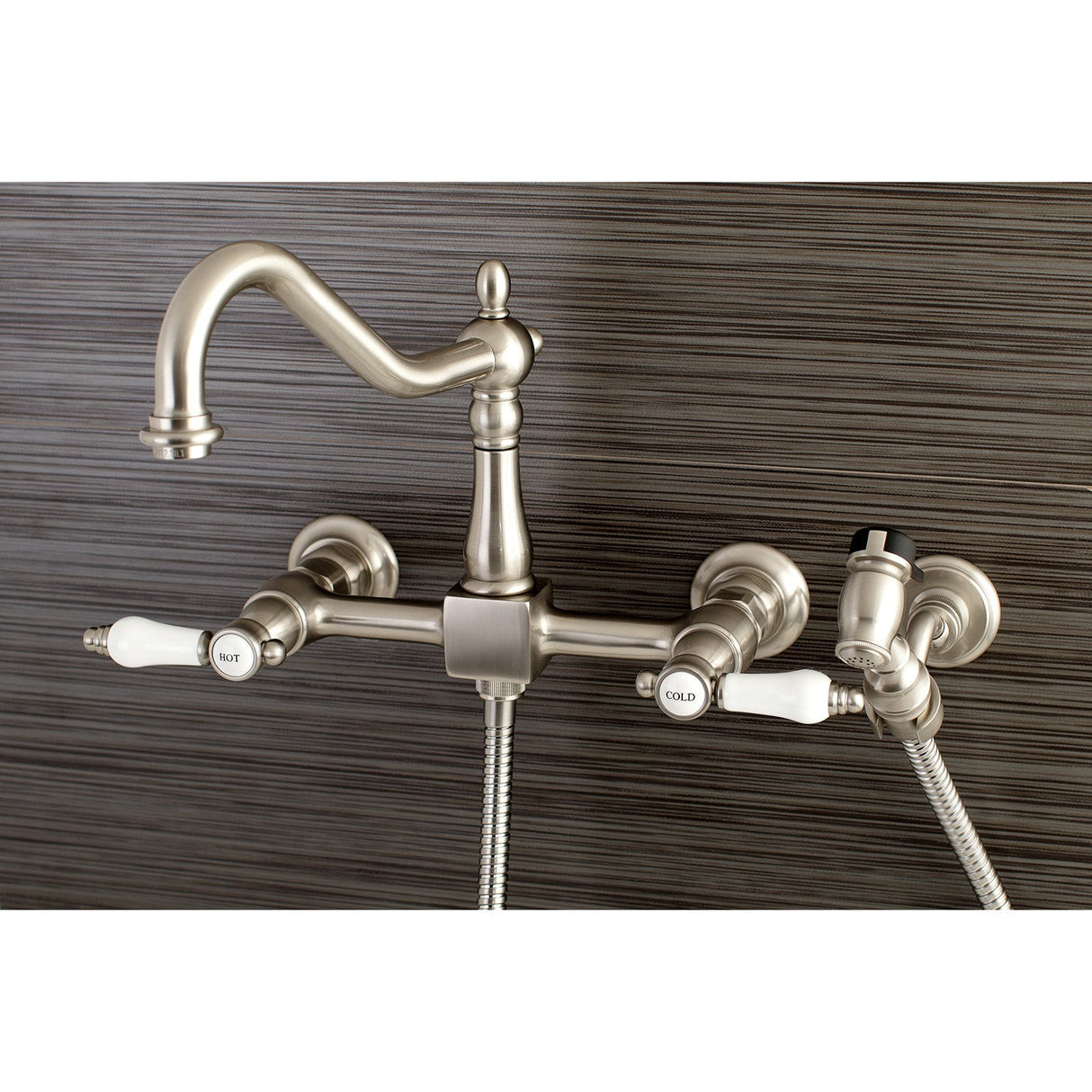 Bel-Air KS1248BPLBS Two-Handle 2-Hole Wall Mount Bridge Kitchen Faucet with Brass Sprayer, Brushed Nickel