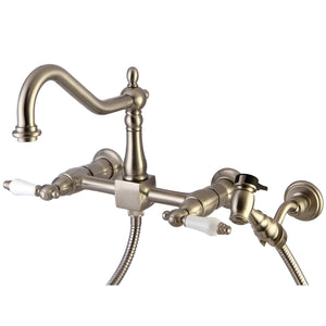 Heritage KS1248PLBS Two-Handle 2-Hole Wall Mount Bridge Kitchen Faucet with Brass Sprayer, Brushed Nickel