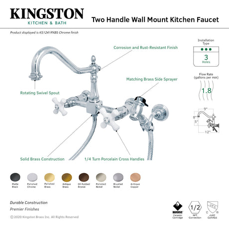 Heritage KS1248PXBS Two-Handle 2-Hole Wall Mount Bridge Kitchen Faucet with Brass Sprayer, Brushed Nickel