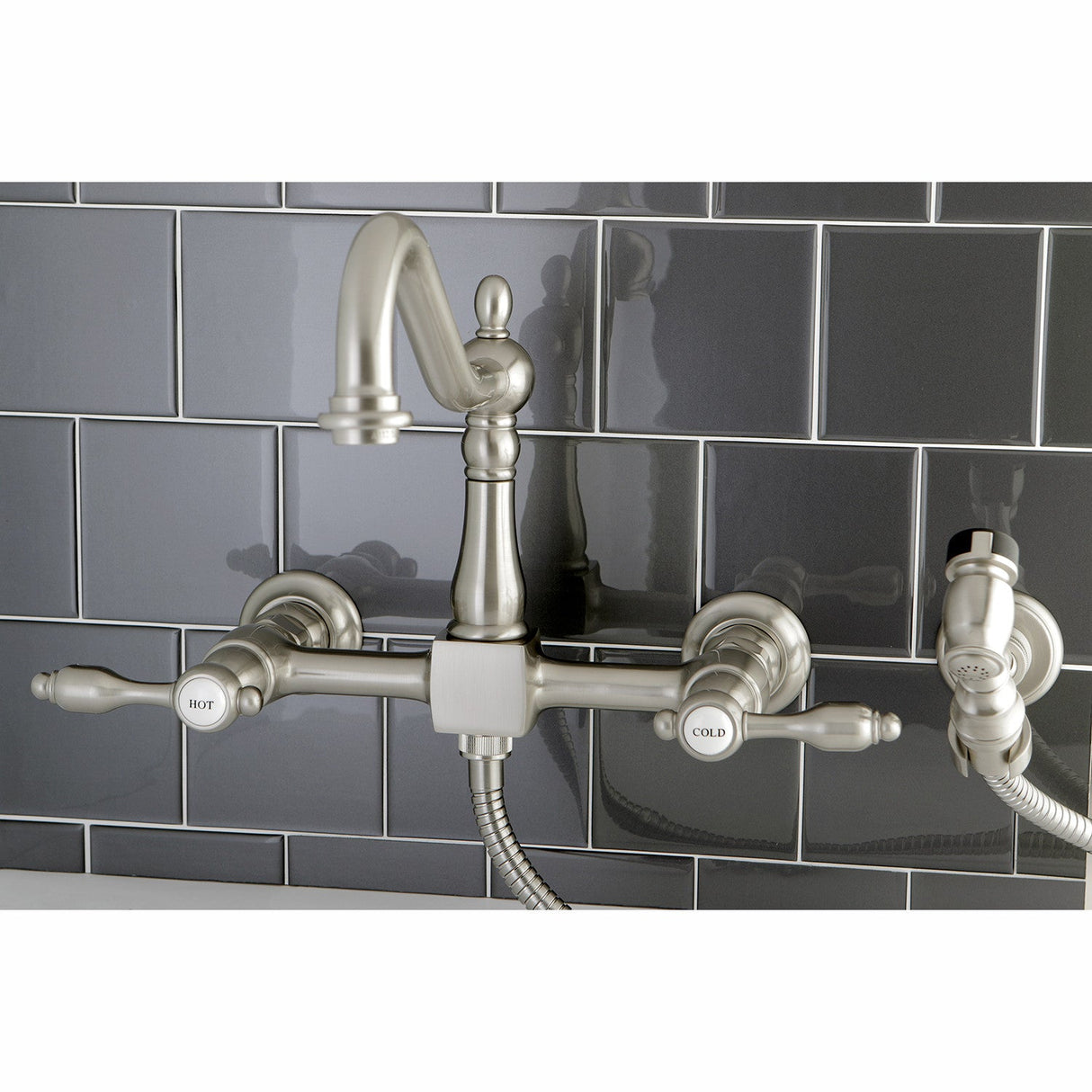 Tudor KS1248TALBS Two-Handle 2-Hole Wall Mount Bridge Kitchen Faucet with Brass Sprayer, Brushed Nickel