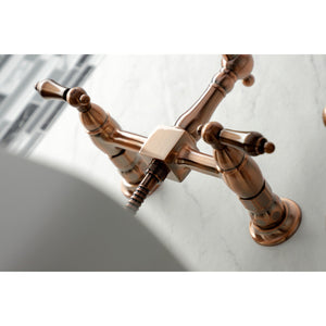Heritage KS124ALBSAC Two-Handle 2-Hole Wall Mount Bridge Kitchen Faucet with Brass Sprayer, Antique Copper
