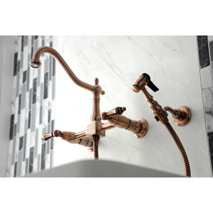 Heritage KS124ALBSAC Two-Handle 2-Hole Wall Mount Bridge Kitchen Faucet with Brass Sprayer, Antique Copper