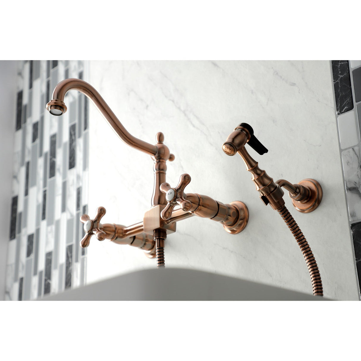 Heritage KS124AXBSAC Two-Handle 2-Hole Wall Mount Bridge Kitchen Faucet with Brass Sprayer, Antique Copper