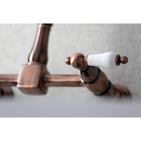 Heritage KS124PLAC Two-Handle 2-Hole Wall Mount Bridge Kitchen Faucet, Antique Copper