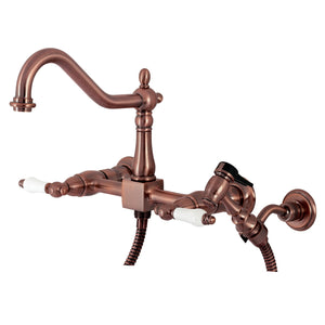Heritage KS124PLBSAC Two-Handle 2-Hole Wall Mount Bridge Kitchen Faucet with Brass Sprayer, Antique Copper