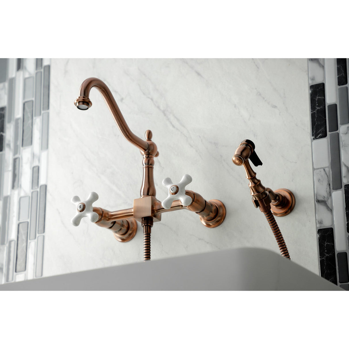 Heritage KS124PXBSAC Two-Handle 2-Hole Wall Mount Bridge Kitchen Faucet with Brass Sprayer, Antique Copper