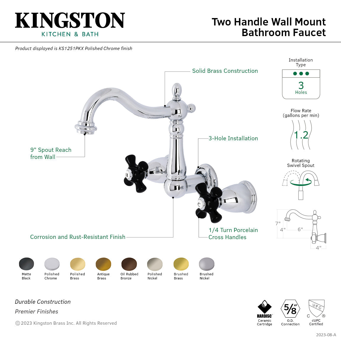 Duchess KS1258PKX Two-Handle Wall Mount Bathroom Faucet, Brushed Nickel