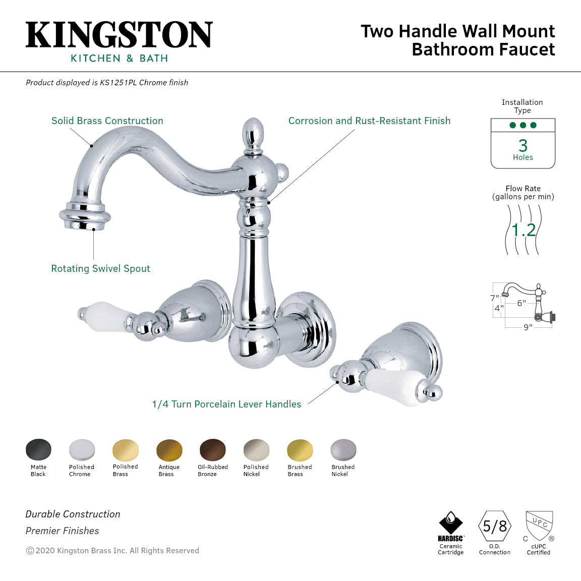 Heritage KS1258PL Two-Handle 3-Hole Wall Mount Bathroom Faucet, Brushed Nickel